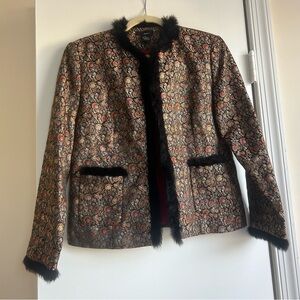 WDNY Women’s Floral Patterned Jacket with Black Faux Fur Trim Size 6 Retro Funky